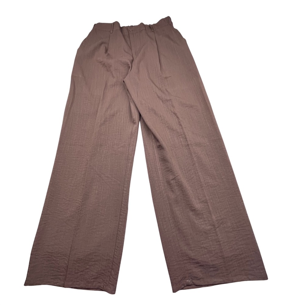 Feiersi Womens Brown Wide Leg Pleated Trousers High Waist Textured Pants Large
